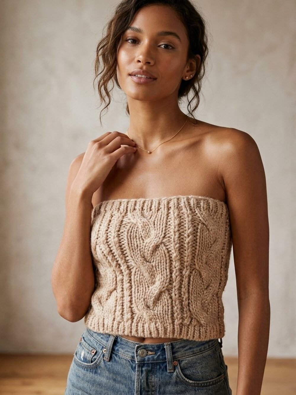 Collection XVIII Metallic Rose Gold Cable Knit Tube Top Crop